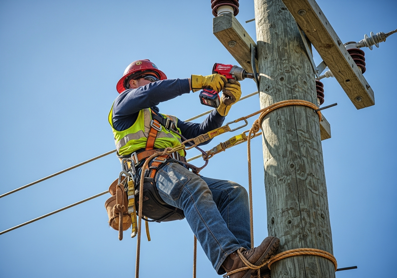 Lineman using Milwaukee Electric Tool on a power pole
